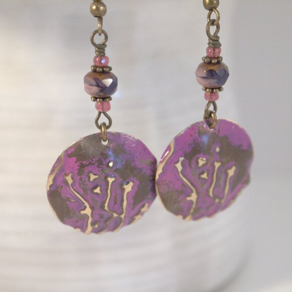 Brass Hand Embossed Earrings Purple Czech Glass Earrings Patina Brass Earrings - Picture 4 of 7
